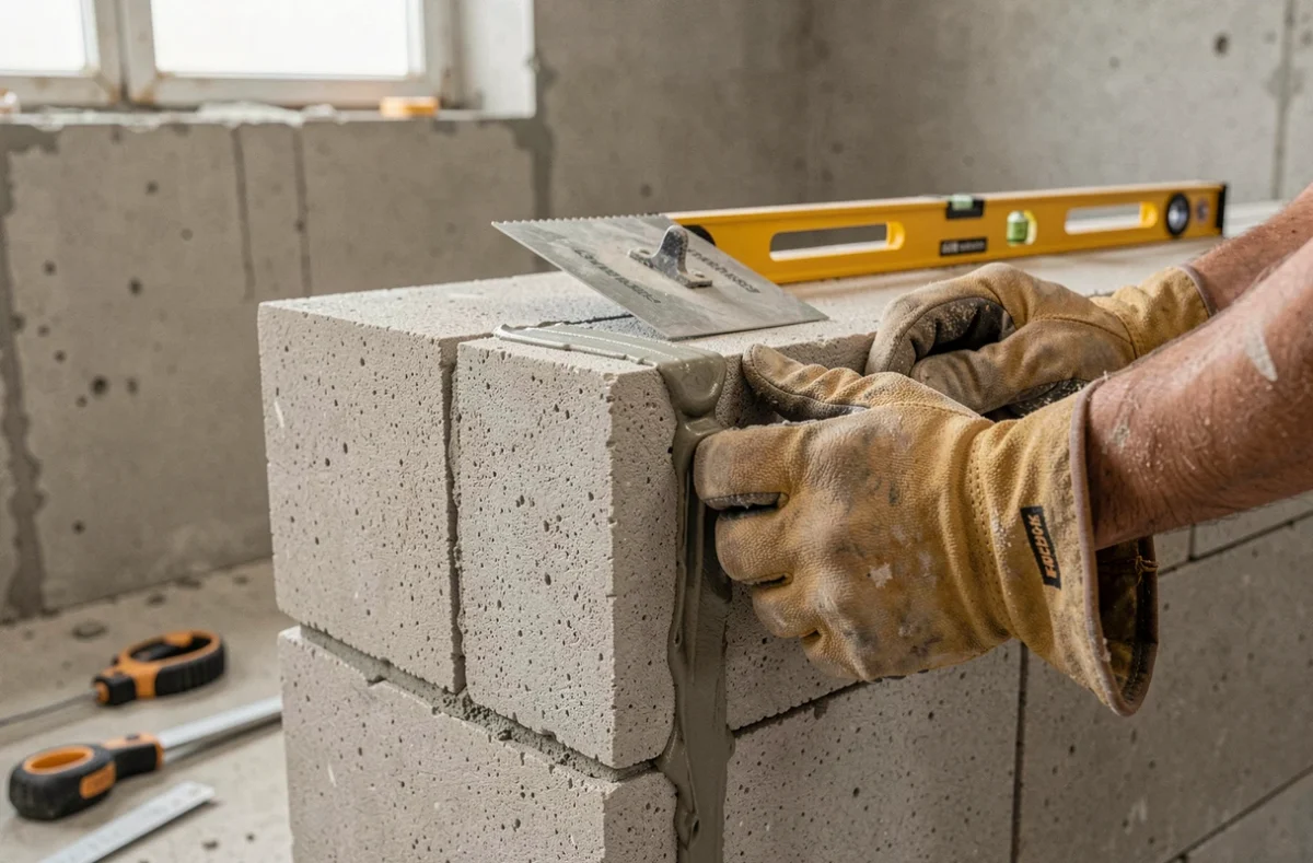 Pose de blocs de béton cellulaire pour la construction d'un meuble vasque sur mesure en salle de bain