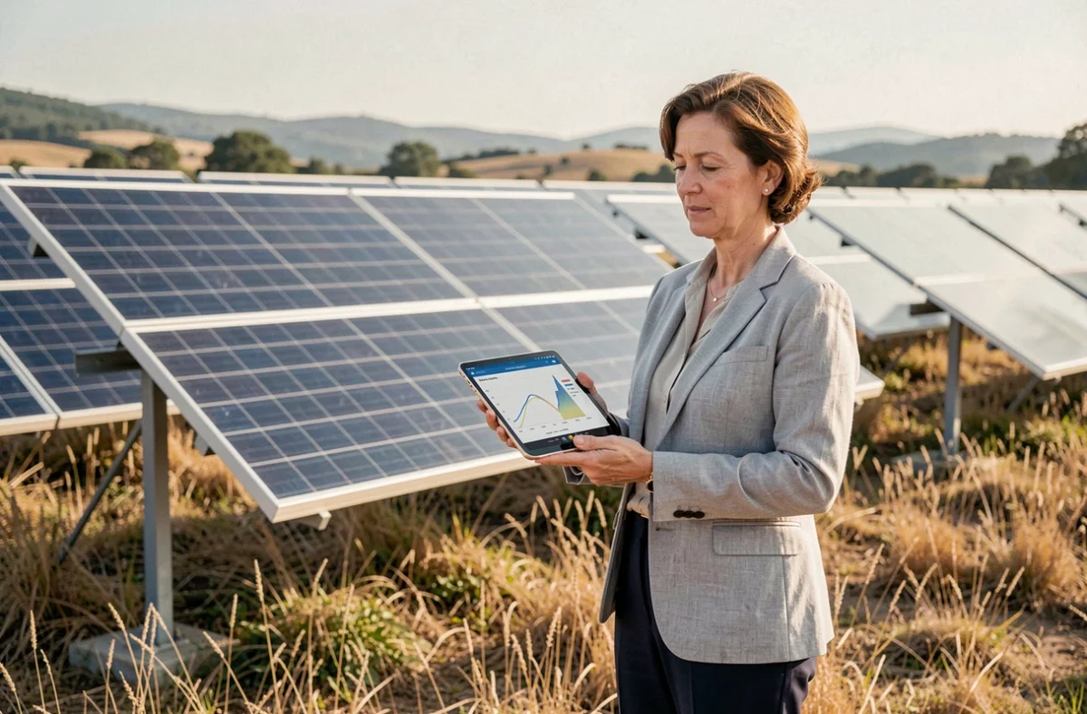 Consultante en énergie solaire évaluant les performances d'un parc photovoltaïque au sol avec une tablette