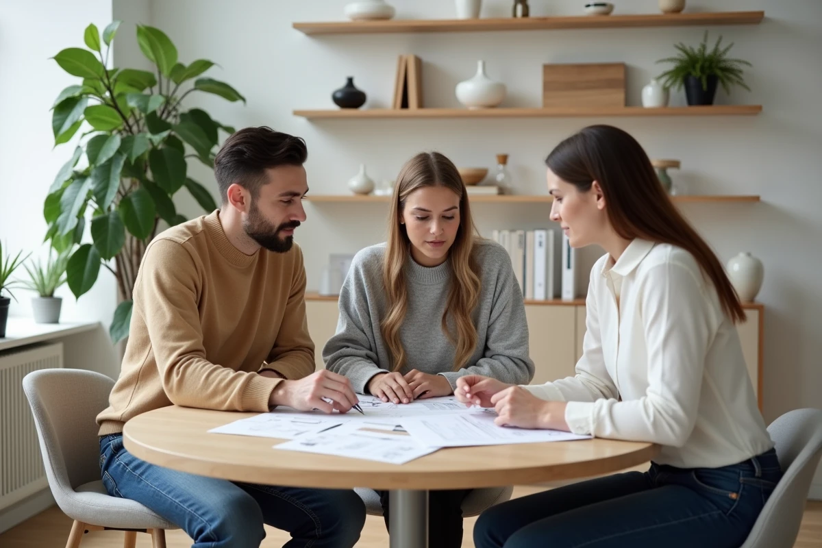 Couple en consultation avec une architecte d'intérieur pour un projet de rénovation de leur maison