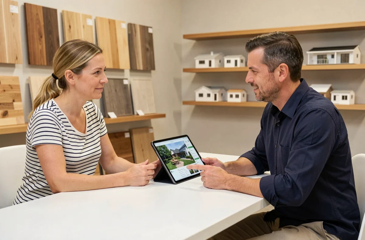 Couple en consultation avec un conseiller dans un showroom de studios de jardin pour éviter les erreurs de commande Greenkub