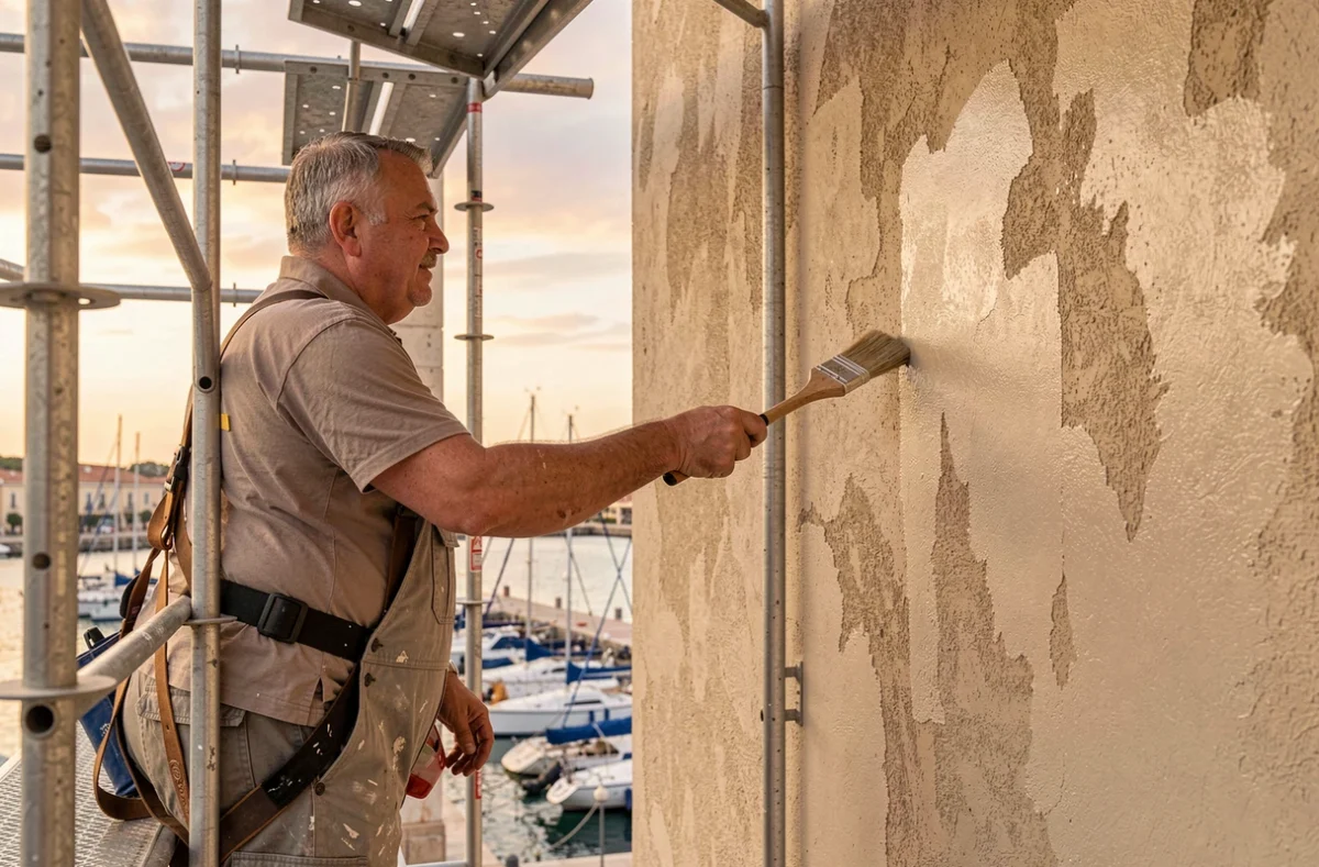 Peintre de Couleurs du Sud réalisant un ravalement de façade sur un bâtiment du front de mer à Toulon