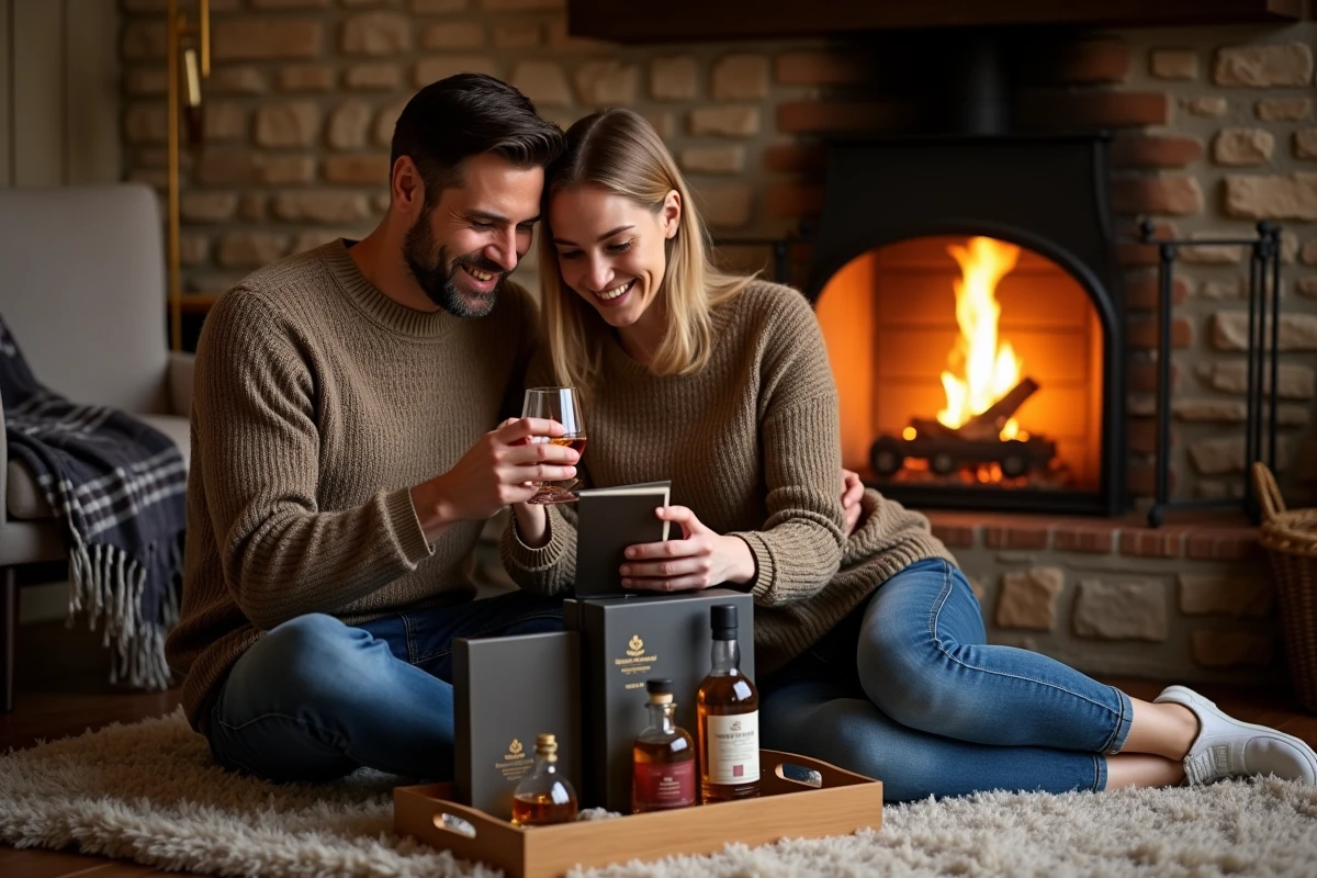 Couple savourant un moment de dégustation whisky devant une cheminée en pierre avec un coffret cadeau ouvert