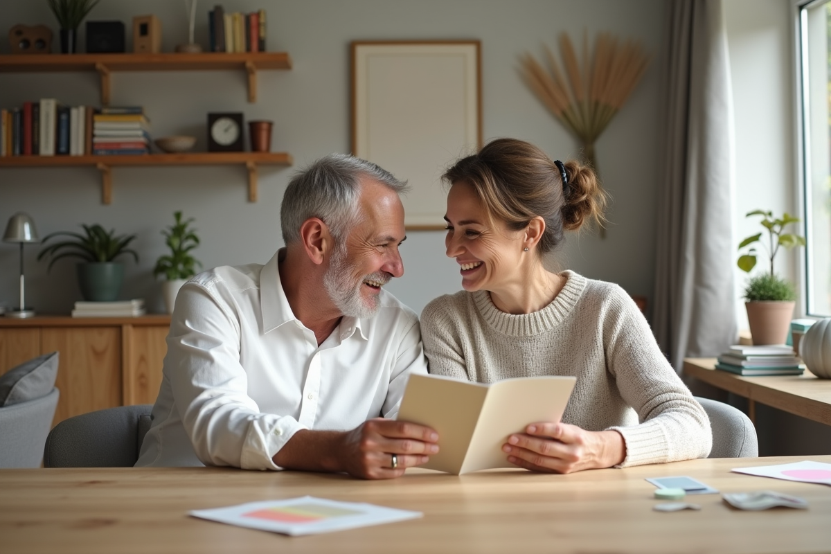 Couple discutant des teintes de peinture dans leur salon