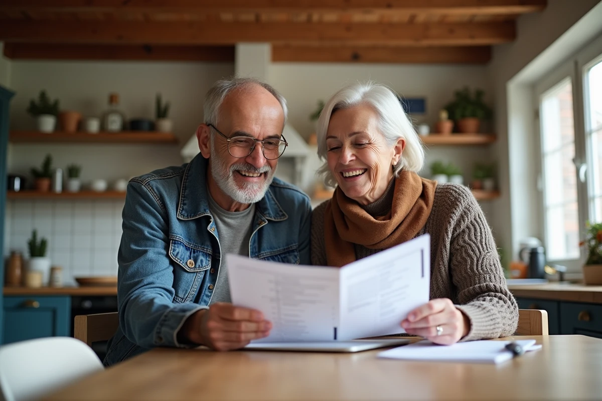 Couple souriant examinant documents DPE dans cuisine lumineuse