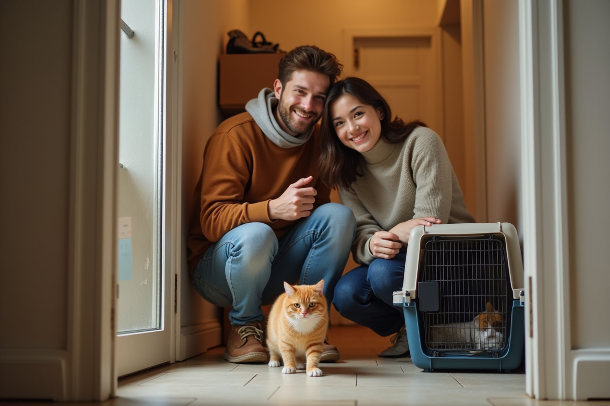 Jeune couple avec chat dans un nouvel appartement