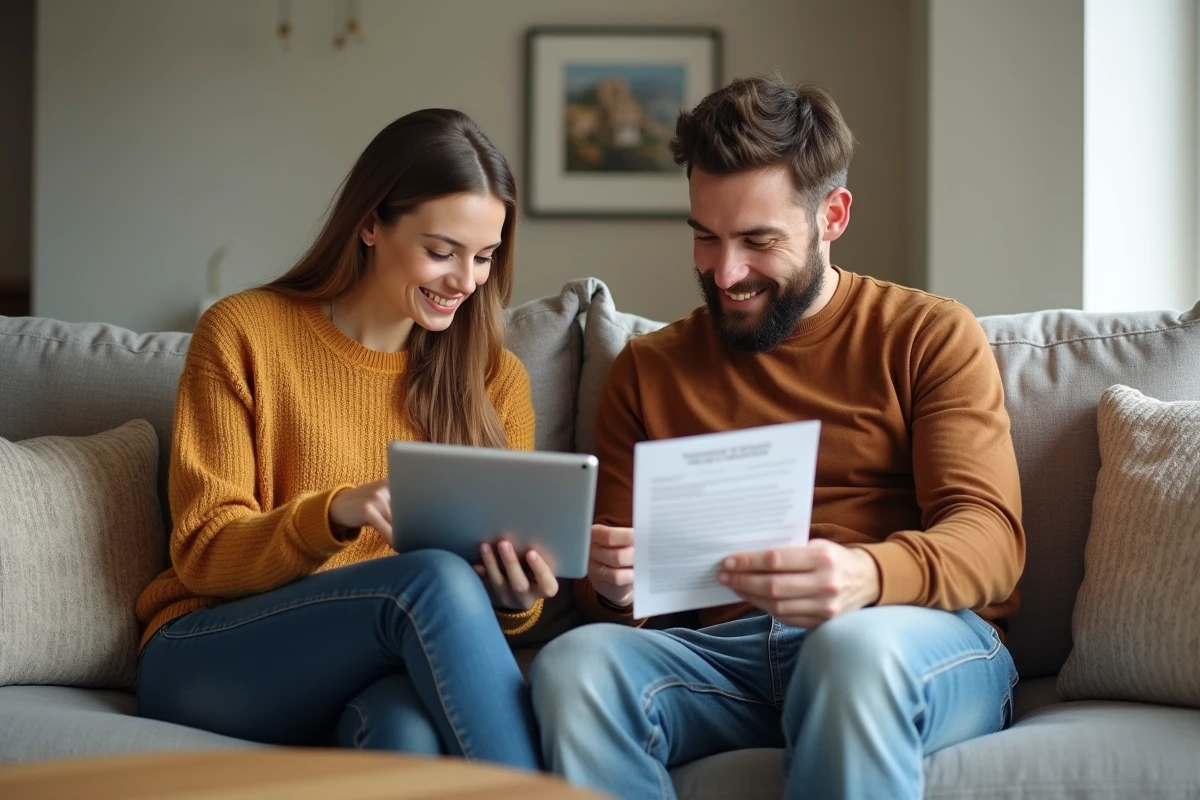 Couple examinant ensemble les prix et conditions d'abonnement de l'application lamaison360 sur une tablette dans le salon