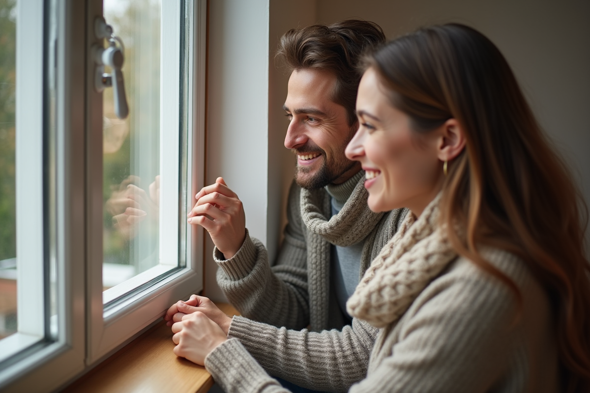 Jeune couple installant une bande d