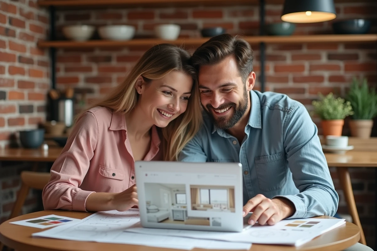 Couple planifiant la décoration de leur appartement ensemble avec une application de design d'intérieur sur ordinateur portable