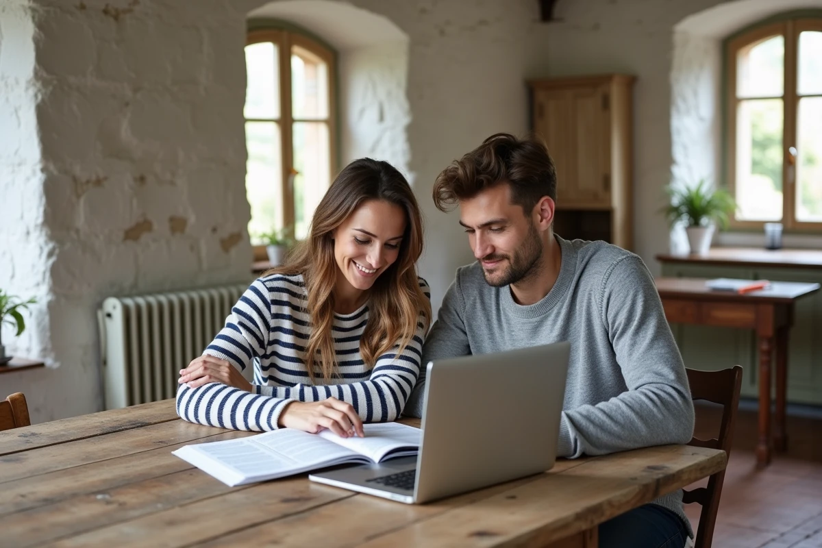 Couple discutant d'un projet de rénovation de maison ancienne autour d'un site d'informations spécialisé en intérieur normand