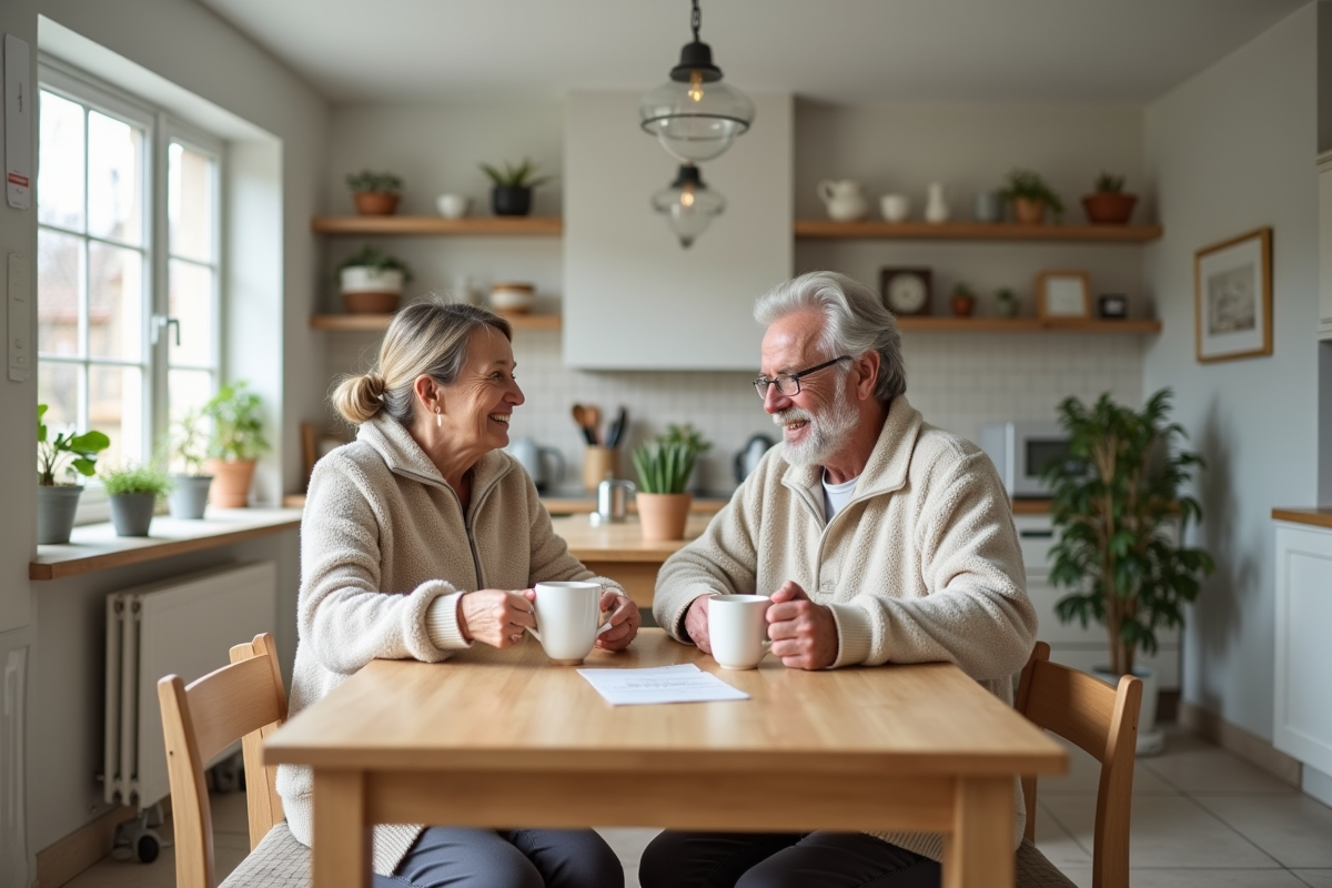 Couple retraité souriant devant un radiateur électrique dans la cuisine