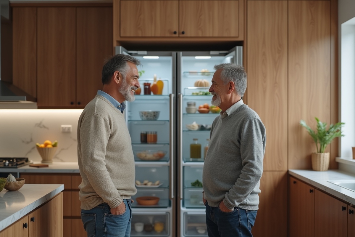 Couple détendu devant un réfrigérateur moderne à la maison