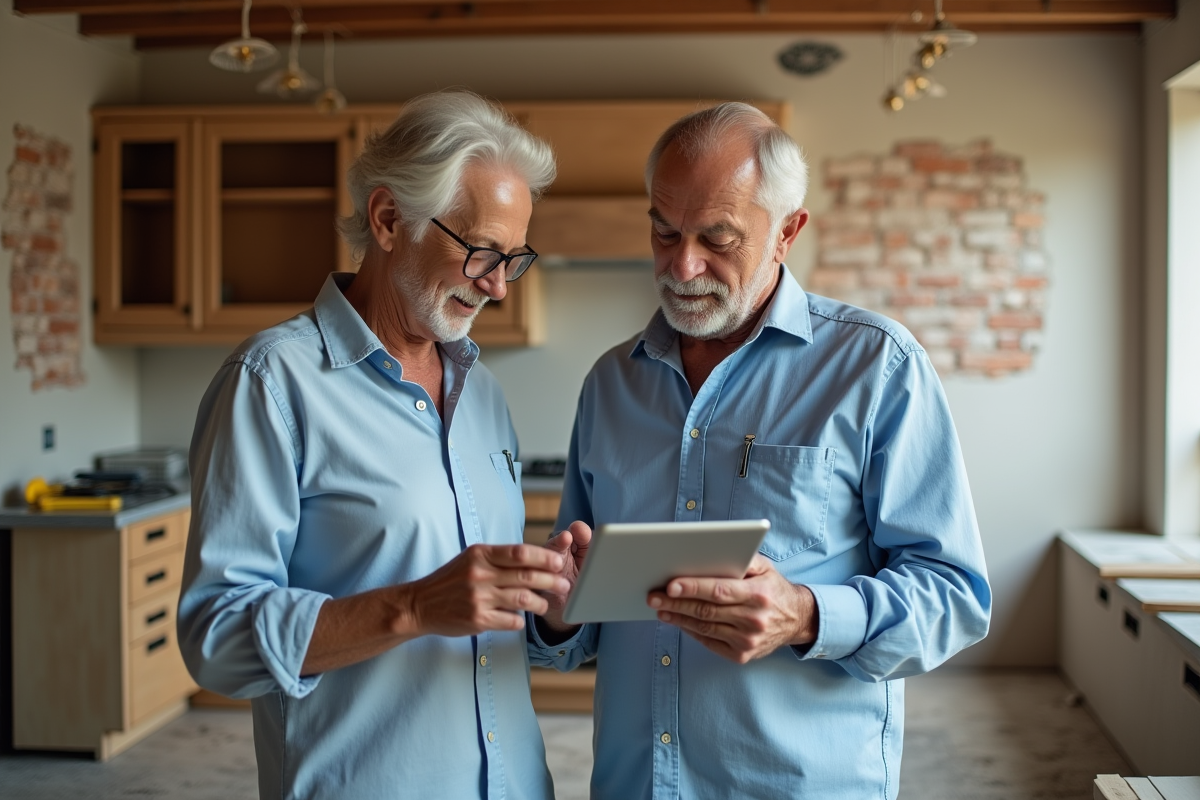 Couple de seniors discutant avec une tablette dans une cuisine en rénovation