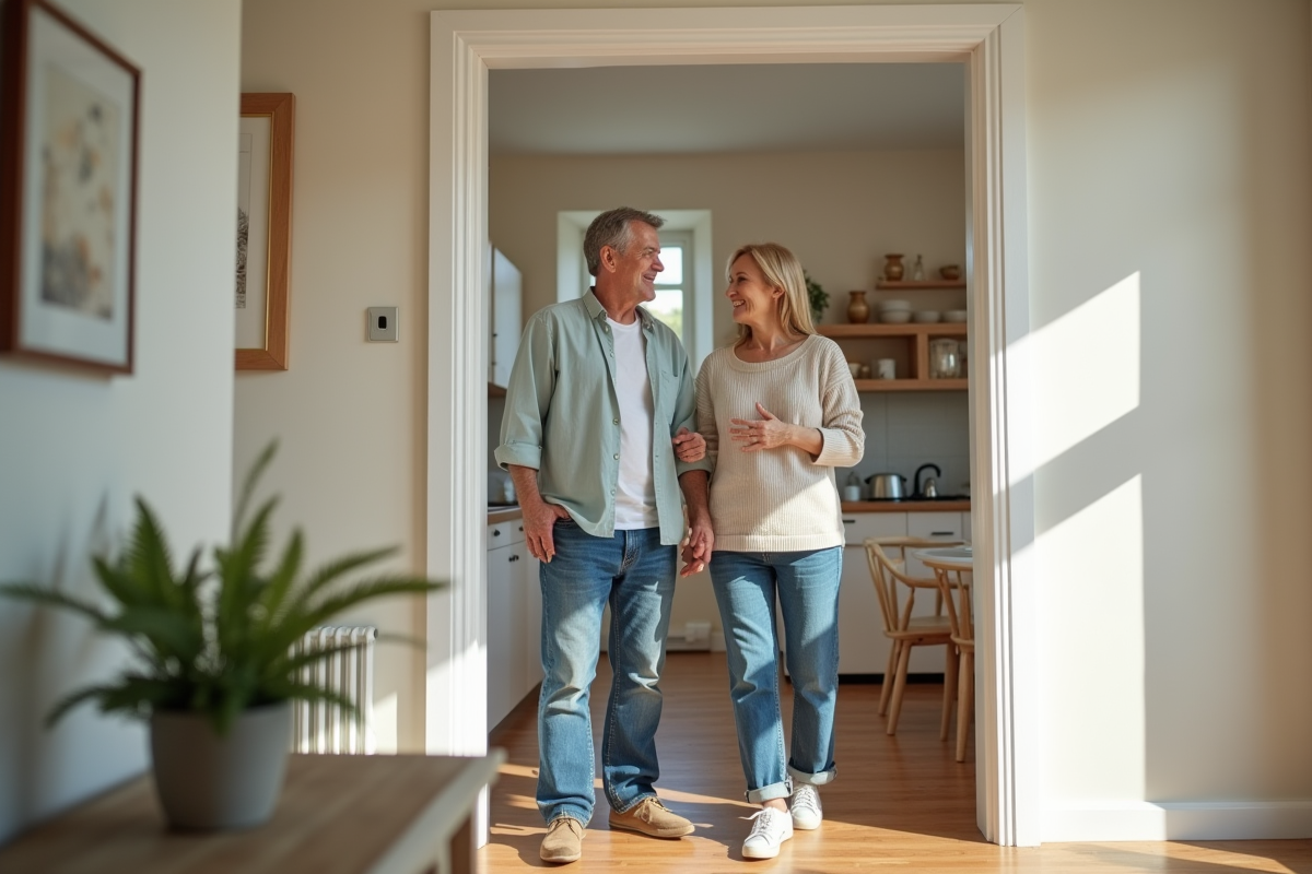 Couple souriant dans un salon rénové et lumineux