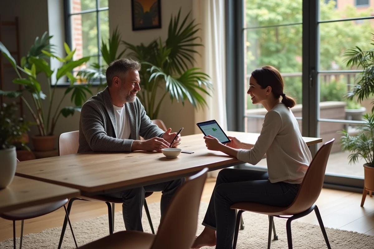Couple assis à une table dans un salon lumineux explorant un site web