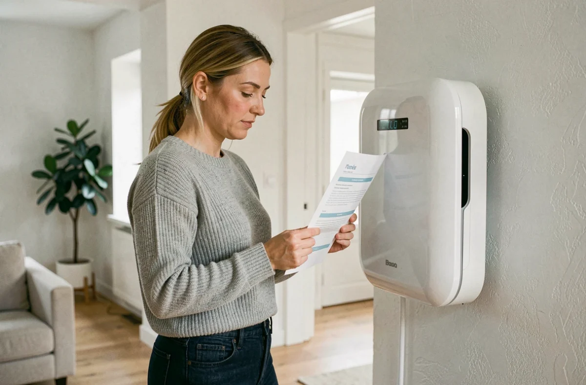 Femme consultant un document sur le crédit d'impôt pour pompe à chaleur air-air dans un salon moderne