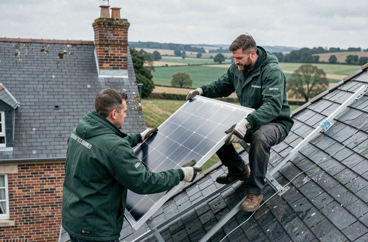 Deux installateurs de CSJ Energie posant un panneau solaire sur la toiture d'une ferme traditionnelle dans les Hauts-de-France