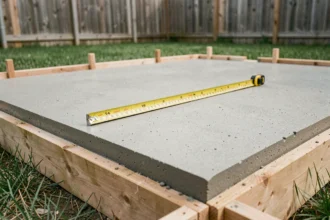 Dalle béton fraîchement coulée dans un jardin résidentiel avec mètre ruban pour mesurer les dimensions d'une pompe à chaleur