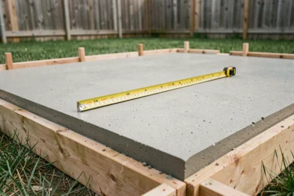 Dalle béton fraîchement coulée dans un jardin résidentiel avec mètre ruban pour mesurer les dimensions d'une pompe à chaleur