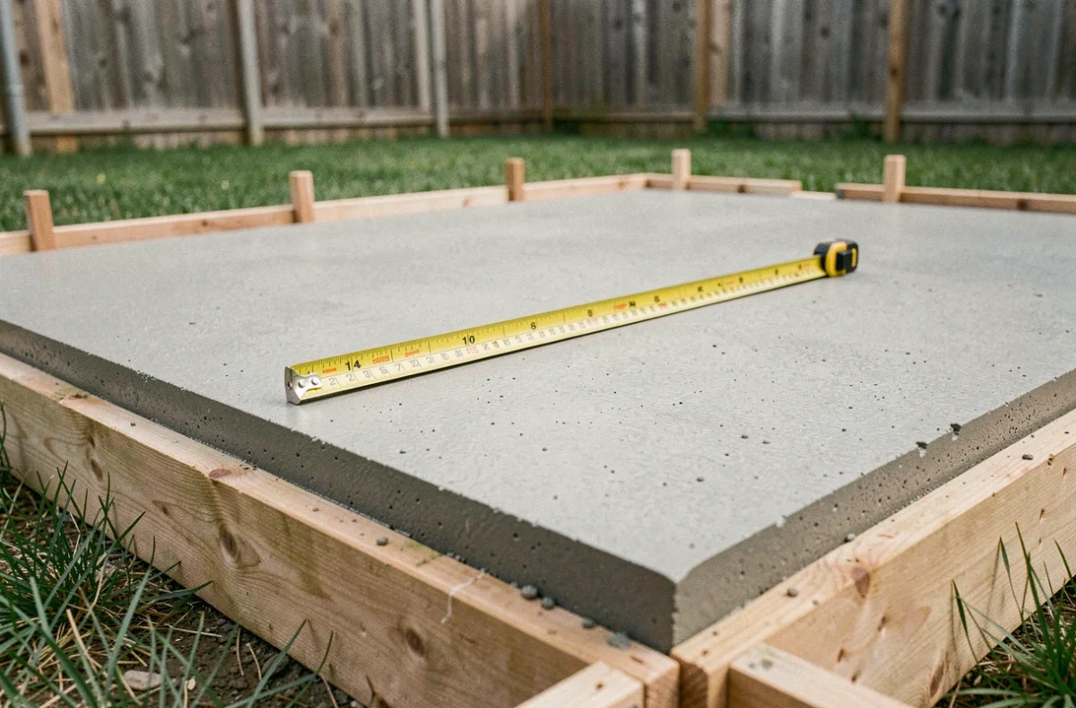 Dalle béton fraîchement coulée dans un jardin résidentiel avec mètre ruban pour mesurer les dimensions d'une pompe à chaleur