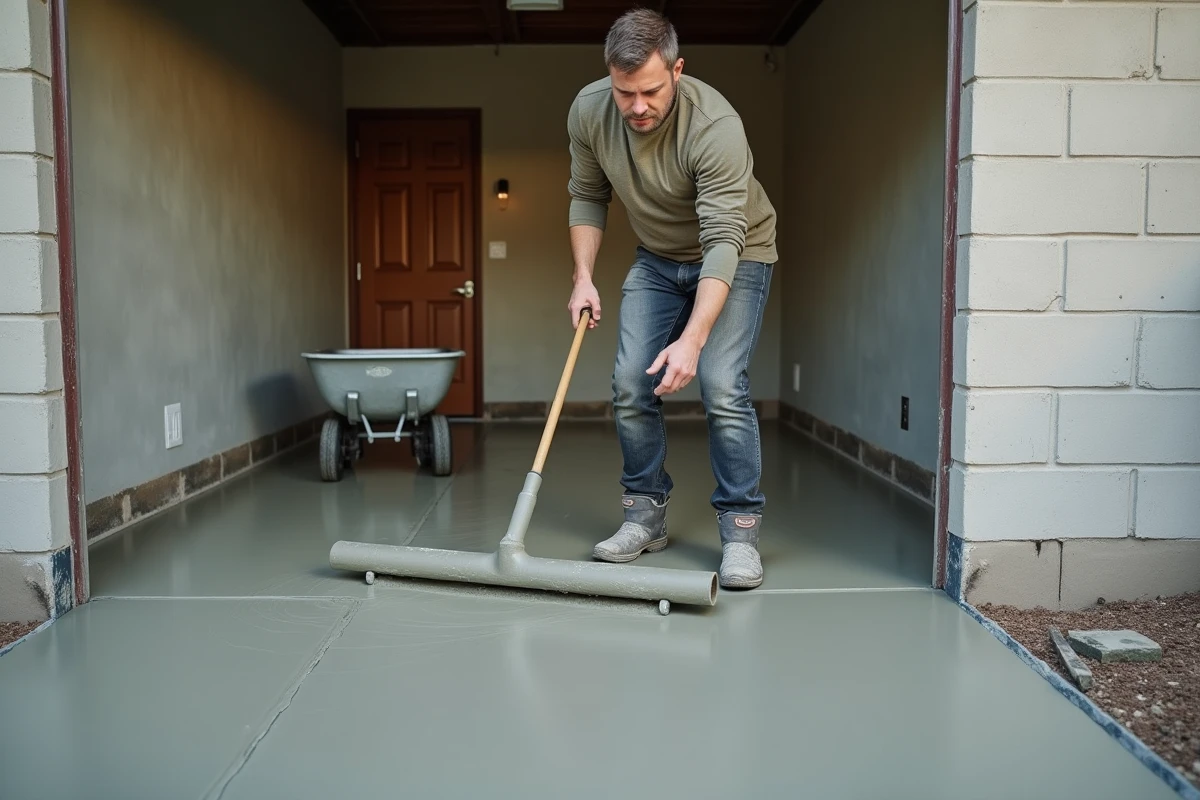 Particulier réalisant lui-même une dalle béton dans un garage avec règle de nivellement