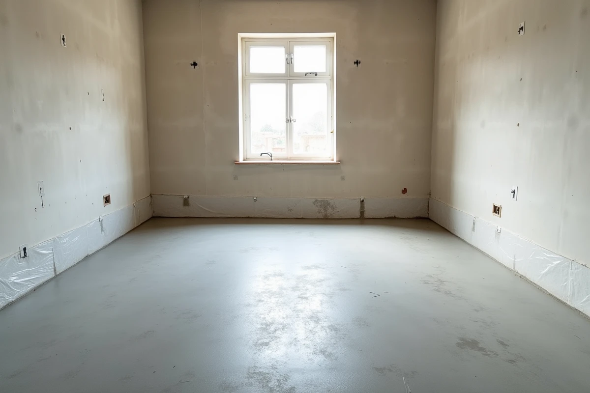 Dalle béton lissée et prête à carreler dans une pièce vide en cours de rénovation