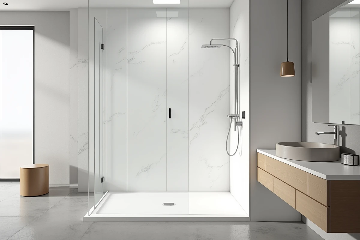 Douche italienne moderne avec dalles murales PVC blanc effet pierre, sol en béton poli et paroi en verre sans cadre