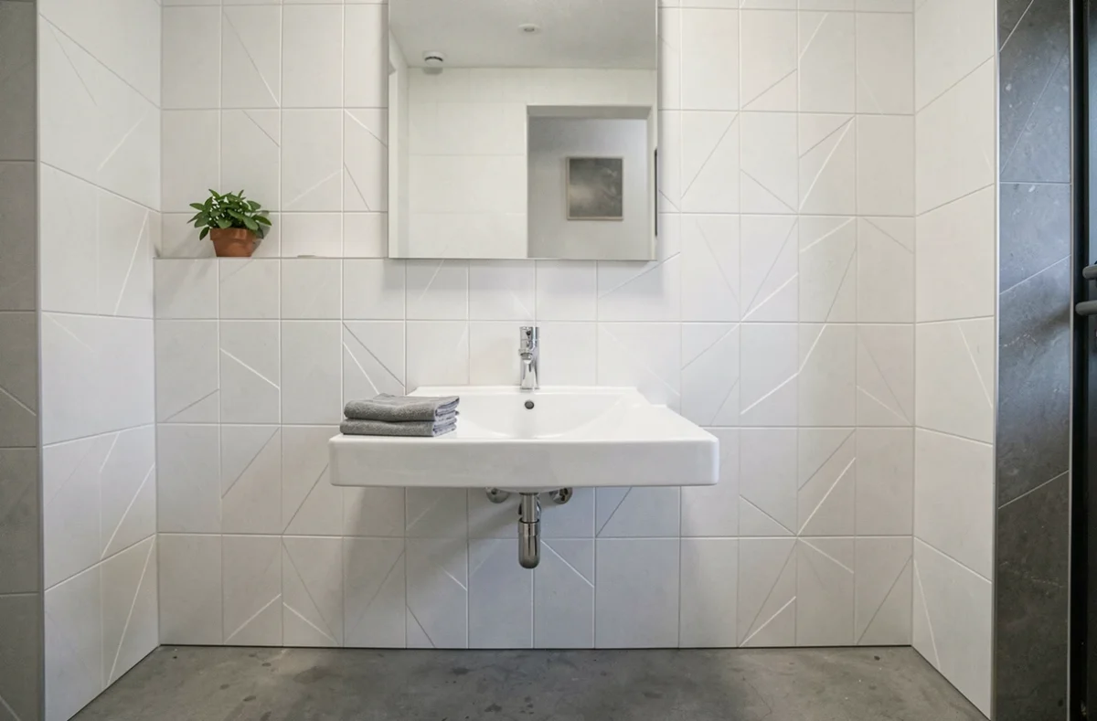 Salle de bain moderne avec dalles PVC murales blanches effet relief et vasque en céramique
