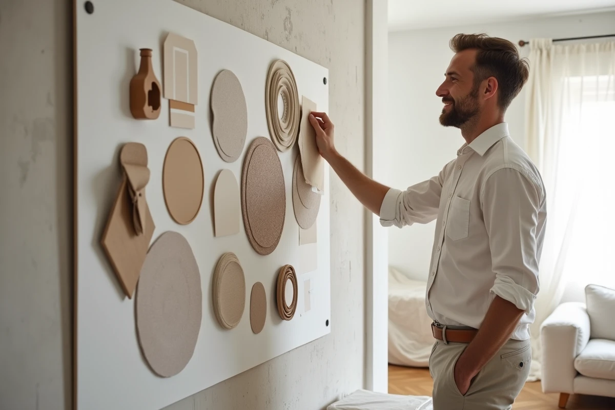 Décorateur d'intérieur arrangeant des échantillons de matériaux sur un tableau de tendances lors d'une rénovation