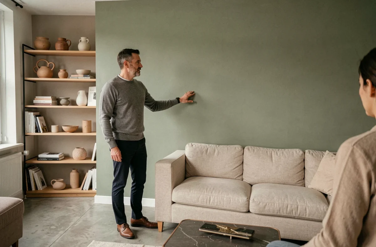 Décorateur d'intérieur professionnel présentant ses choix de décoration à un client dans un appartement rénové à Lille