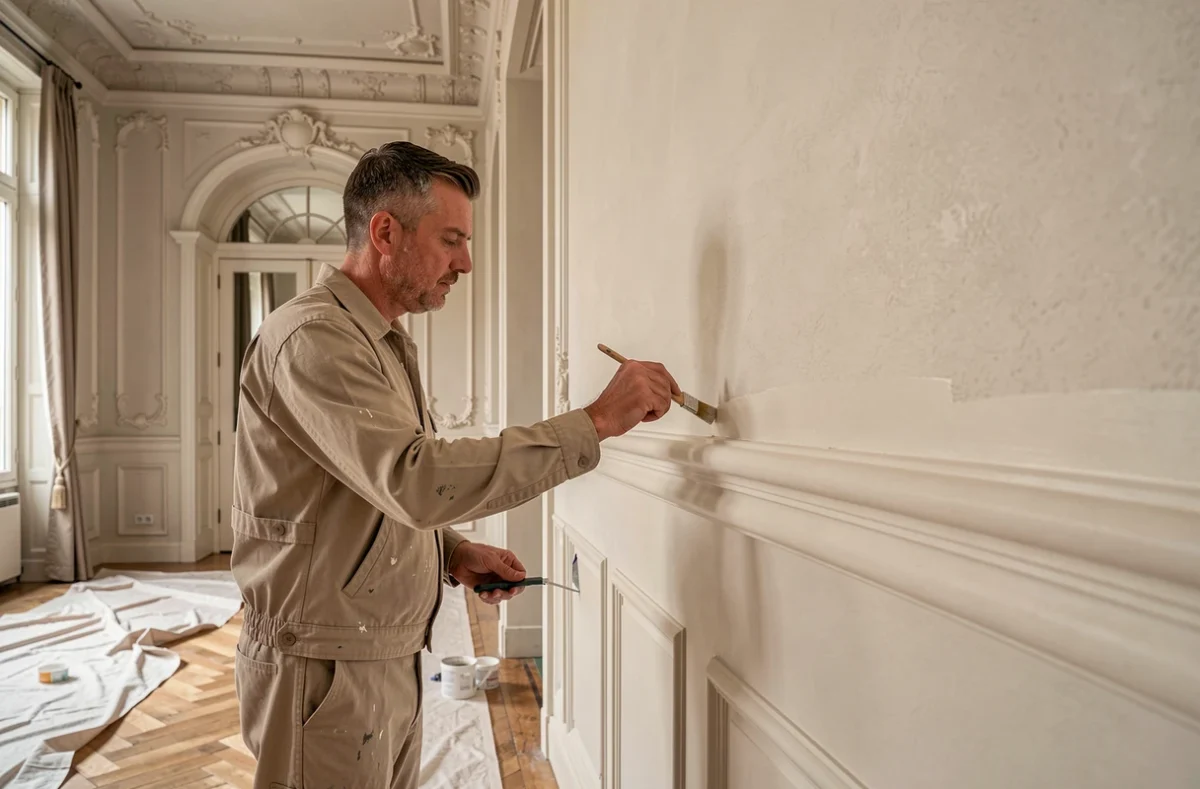 Artisan de Delacourt Renov réalisant une peinture soignée sur une moulure dans un intérieur élégant