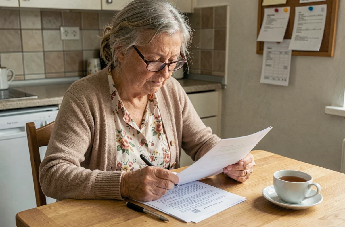 Personne âgée lilloise consultant des documents administratifs de la CAF pour une demande d'aide ménagère à domicile