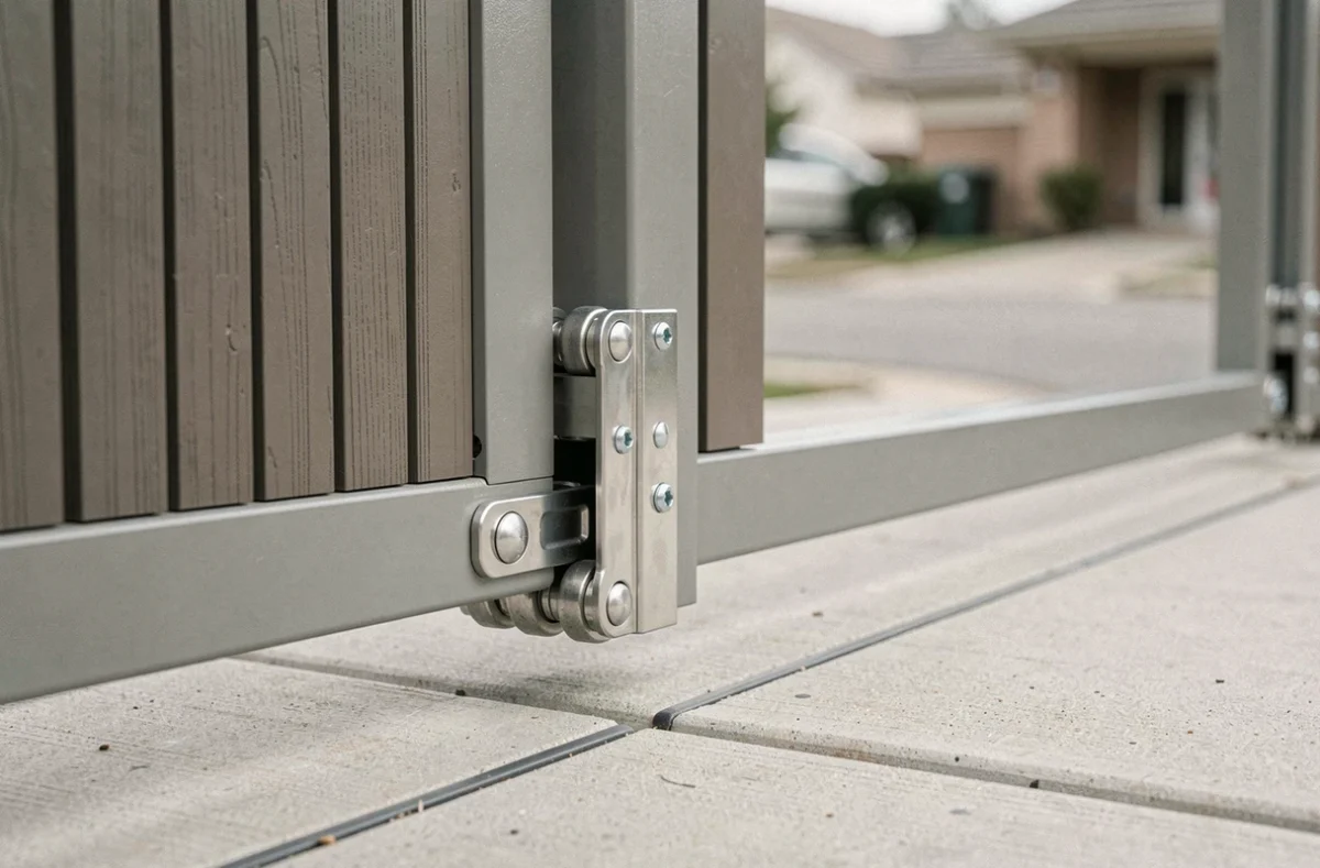Détail technique du mécanisme de portail coulissant avec portillon intégré en composite gris, joint de fermeture et rail au sol