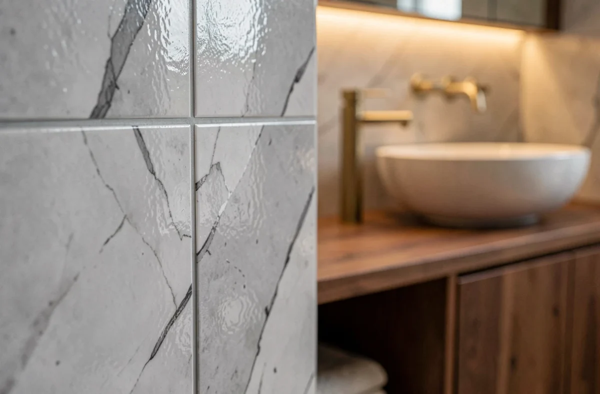 Gros plan sur la surface d'un panneau PVC imitation carrelage marbre dans une salle de bain contemporaine