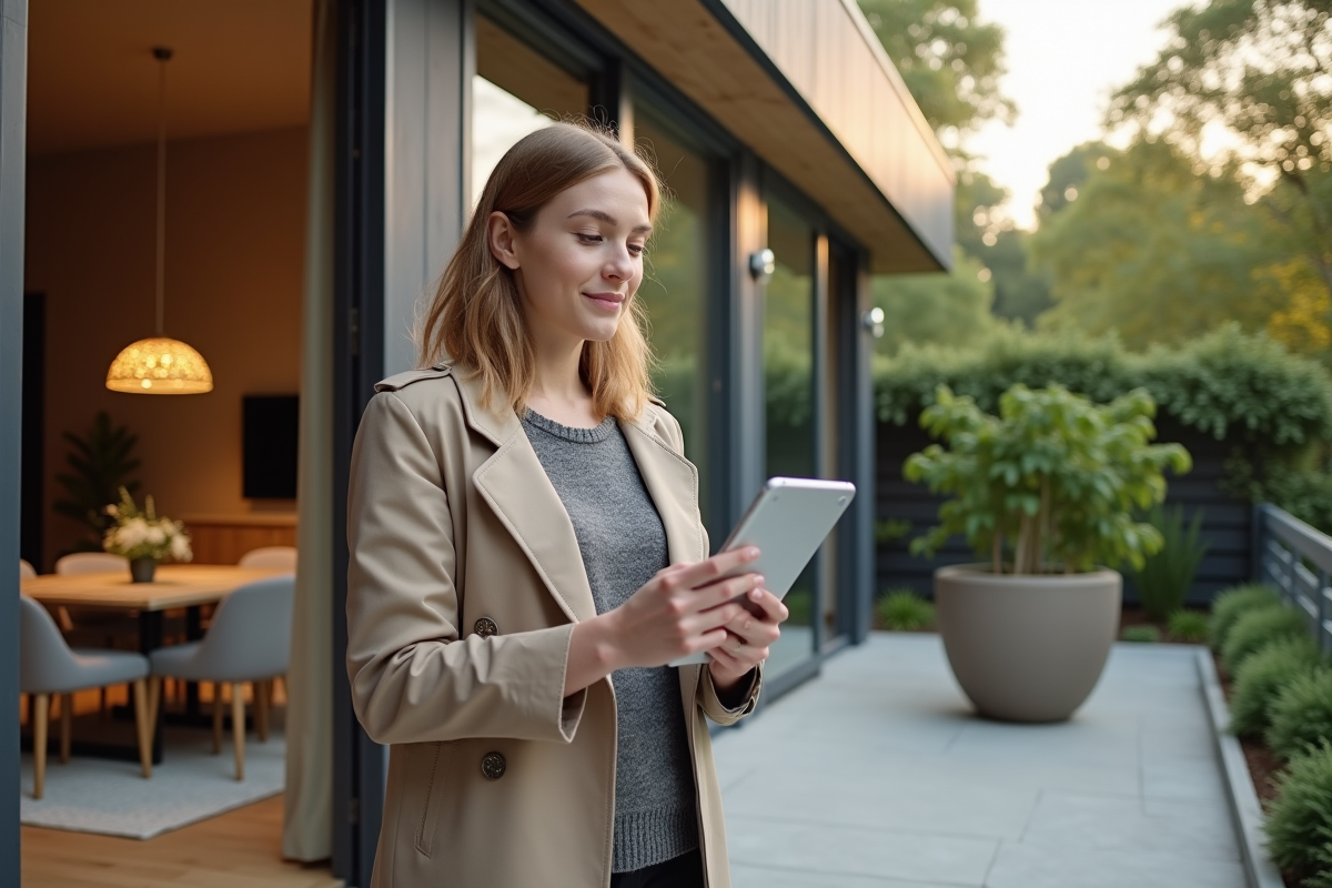 Femme discutant avec constructeur devant veranda finie