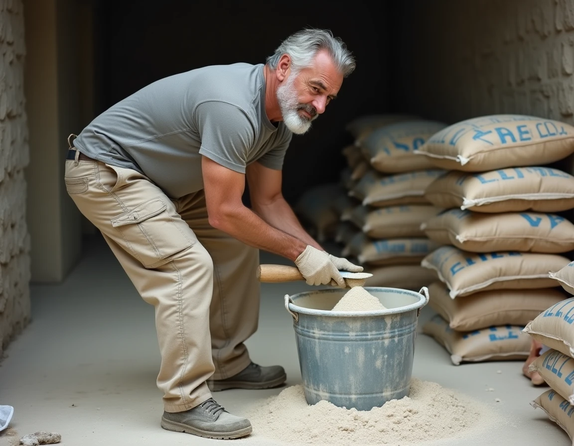Maçon mélangeant un dosage chaux sable pour joint dans un seau métallique sur chantier