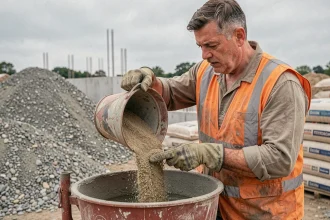 Ouvrier dosant du sable de rivière dans une bétonnière sur un chantier de construction pour adapter le mélange béton