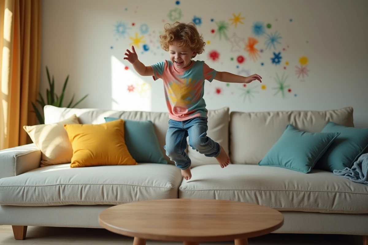 Gar&ccedil;on jouant sur un canap&eacute; dans un salon lumineux et color&eacute;