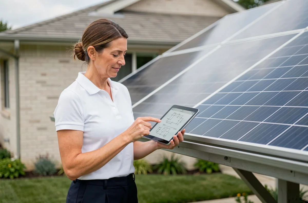 Conseillère d'Ensol présentant un projet d'installation solaire à une cliente devant une maison résidentielle