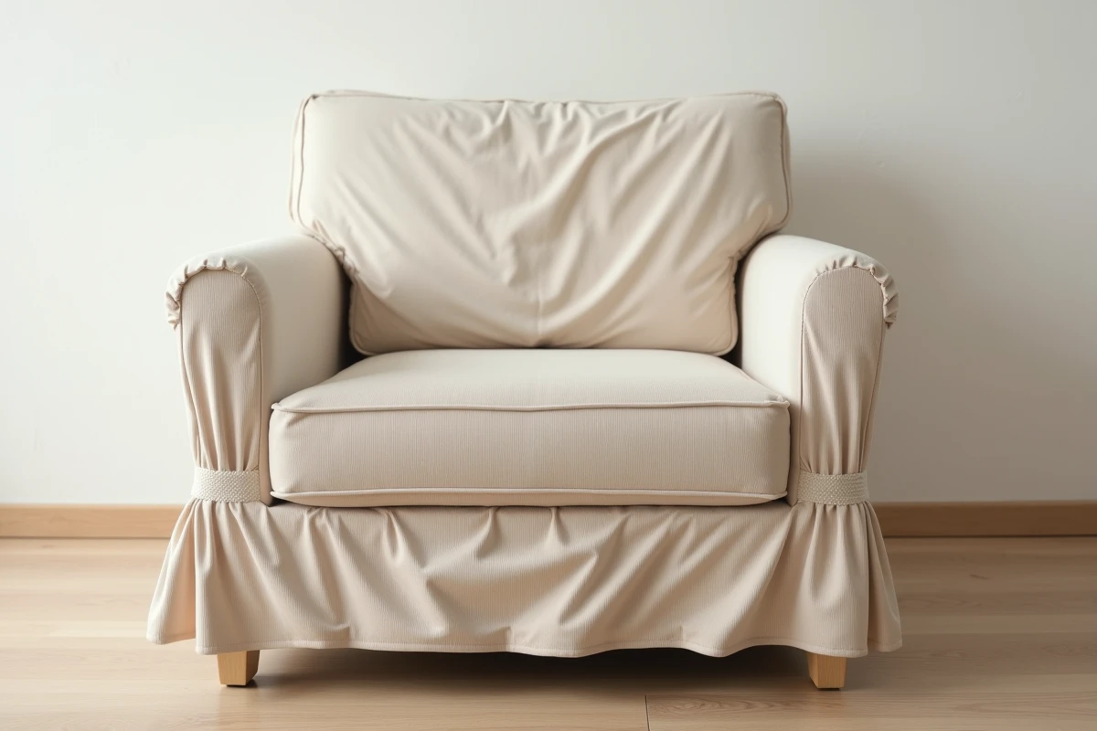 Gros plan sur une housse de fauteuil extensible mal tendue montrant des plis et une mauvaise répartition du tissu