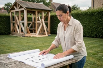 Femme examinant les plans d'un studio de jardin Greenkub avant installation, avec la structure en bois visible en arrière-plan