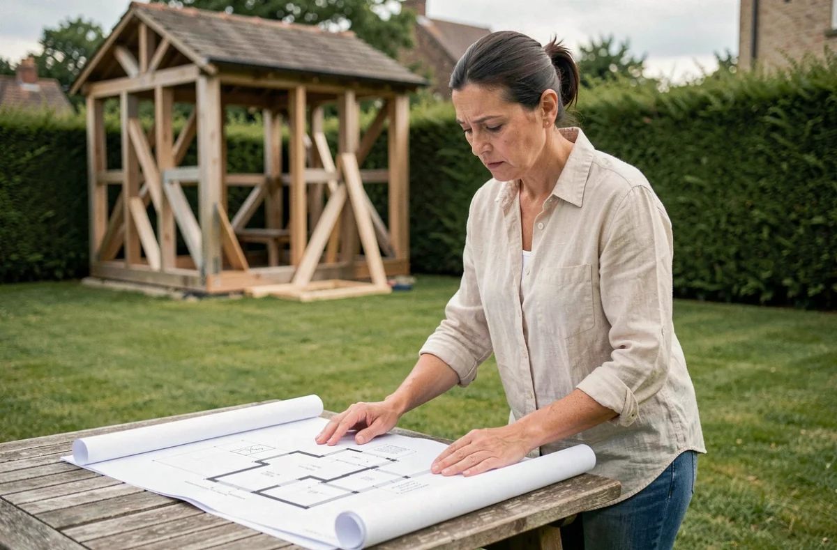 Femme examinant les plans d'un studio de jardin Greenkub avant installation, avec la structure en bois visible en arrière-plan