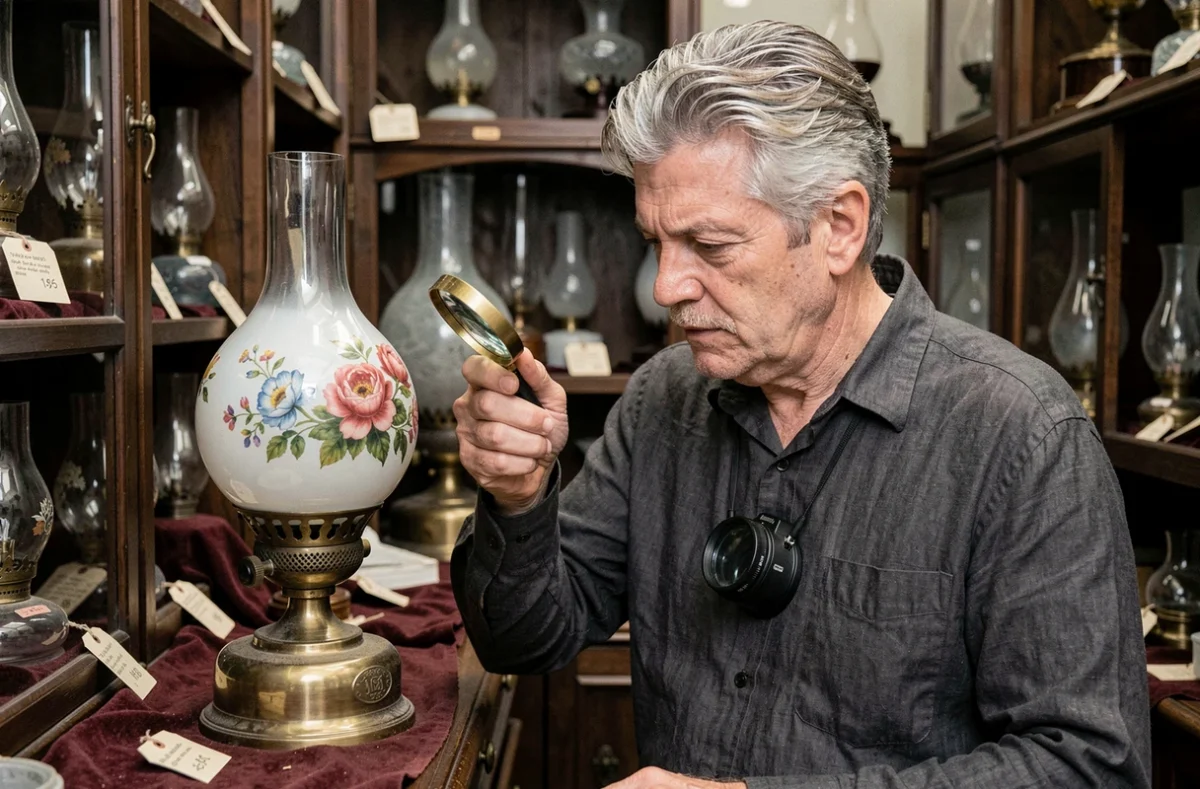 Expert antiquaire examinant une lampe à pétrole victorienne en opale peinte dans une boutique d'antiquités parisienne