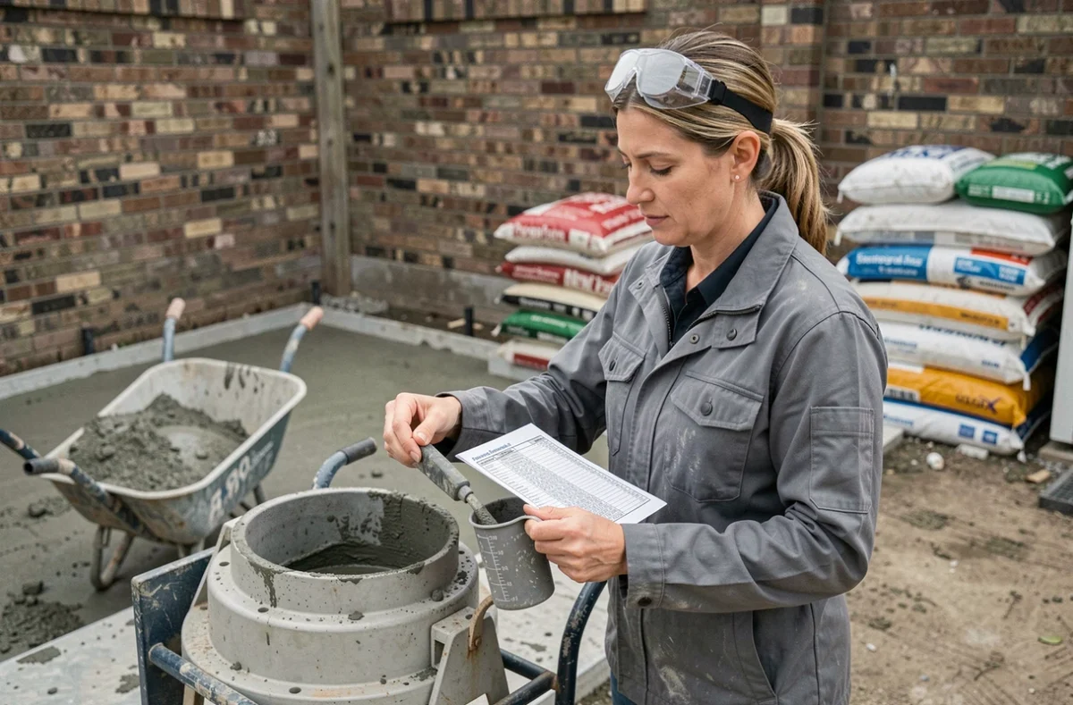 Femme experte consultant un tableau de dosage béton pour ajuster le ratio sable-eau sur un chantier résidentiel