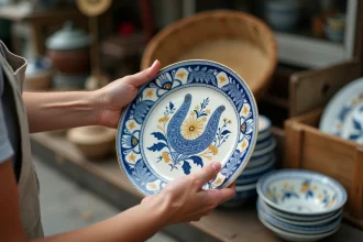 Mains examinant une faïence Henriot Quimper ancienne sur un marché aux puces breton