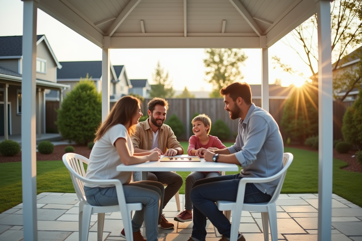 Famille jouant à un jeu de société sous un gazebo moderne