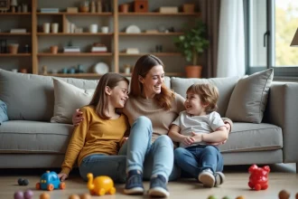Famille souriante sur un canapé moderne dans un salon accueillant