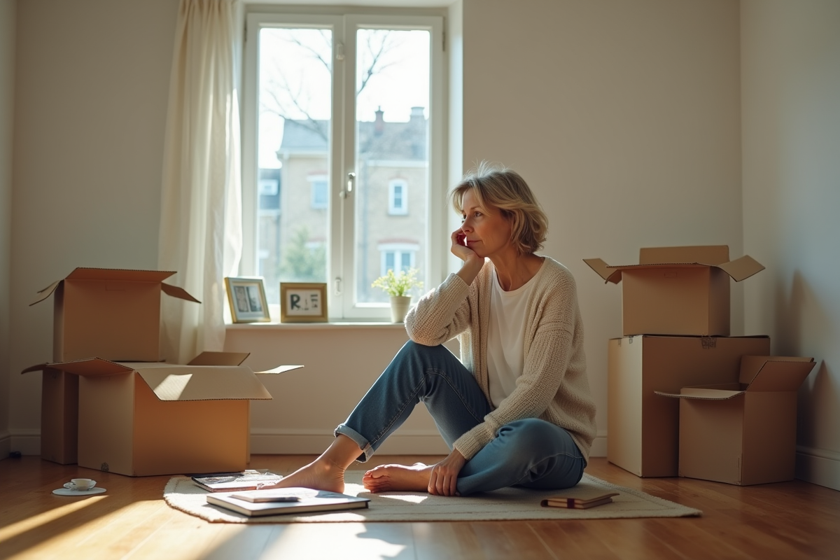 Femme réfléchissant en triant ses affaires dans un salon vide