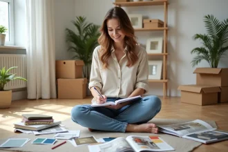 Femme aménageant sa maison sereinement avec des échantillons de tissu et des catalogues de décoration intérieure