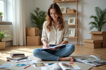 Femme aménageant sa maison sereinement avec des échantillons de tissu et des catalogues de décoration intérieure