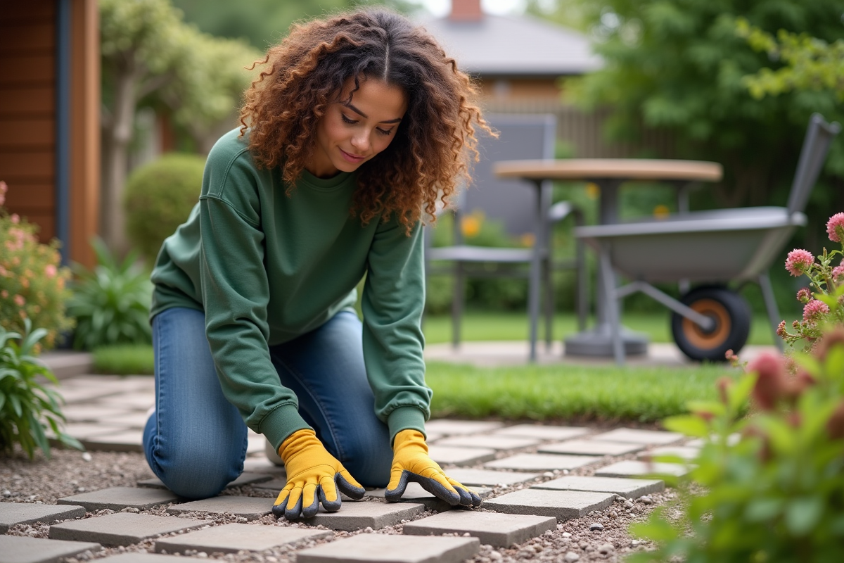 Femme posant des pavés pour un patio dans un jardin